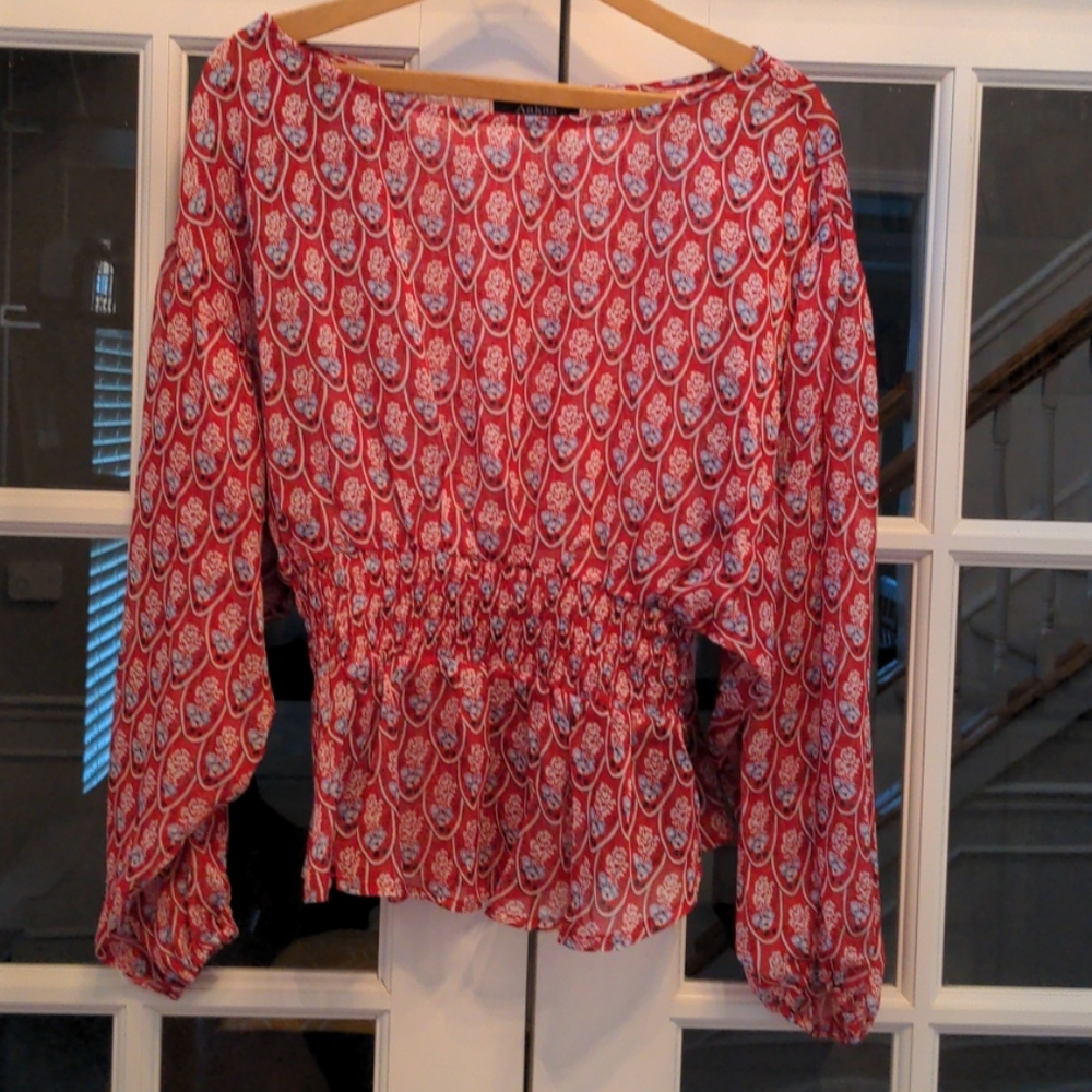 Floral, semi-sheer, balloon sleeve blouse small
